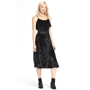 Black Velvet Cami Midi Dress Size S Ruffle Strap Romantic Flirty